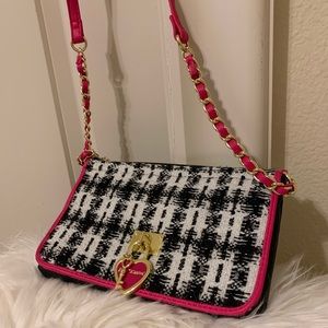 Betsey Johnson Black / White / Pink Tweed Crossbody Purse